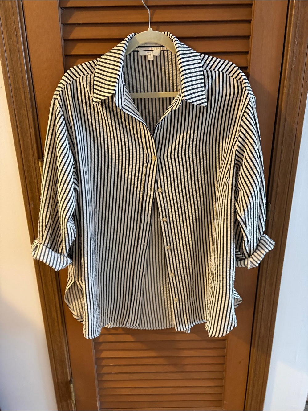 entro Black & White Vertical Stripe Button Front Blouse